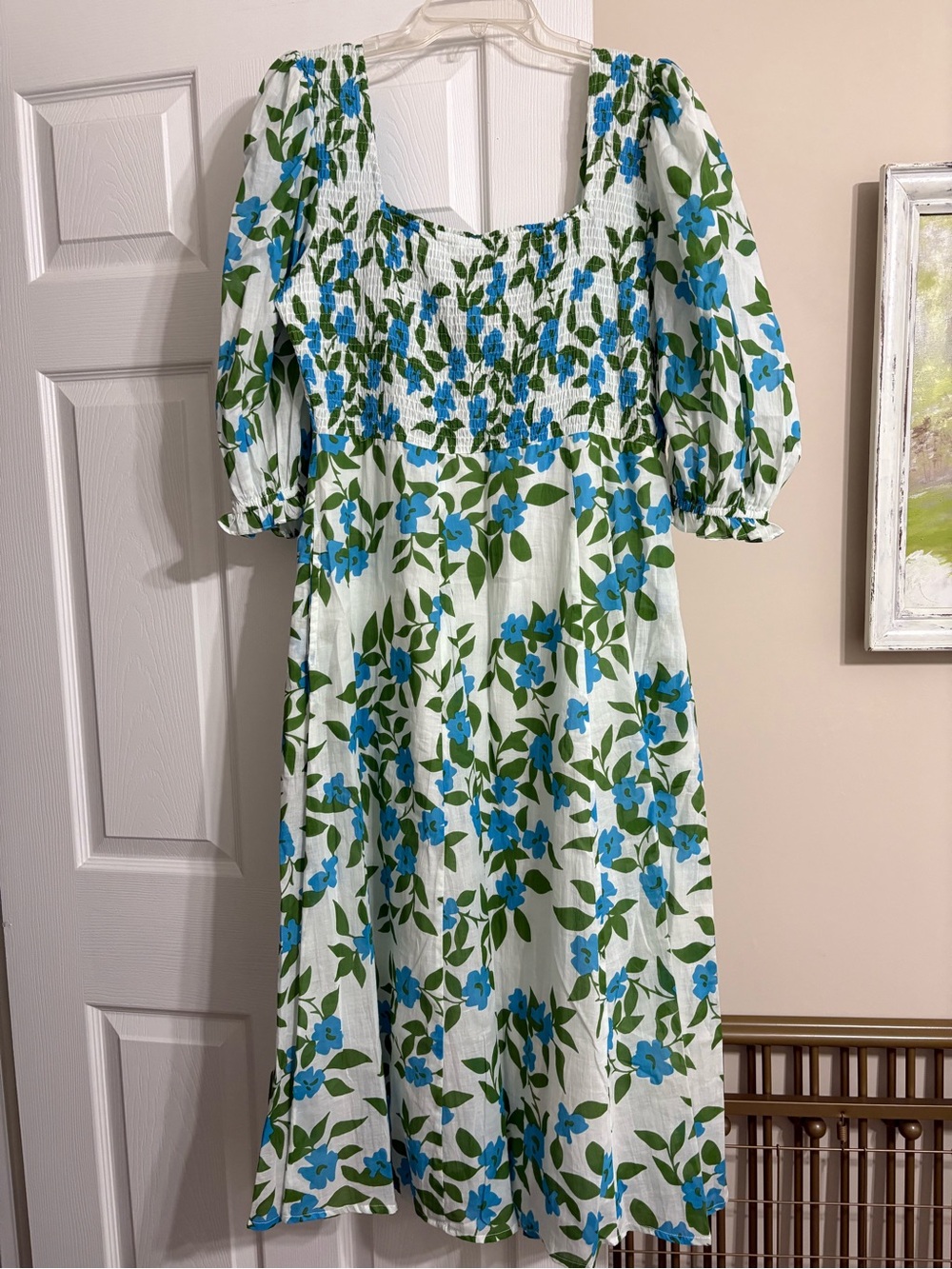 Olivia James The Label Smocked Midi Dress Size XL Blue Green White Puff Sleeve